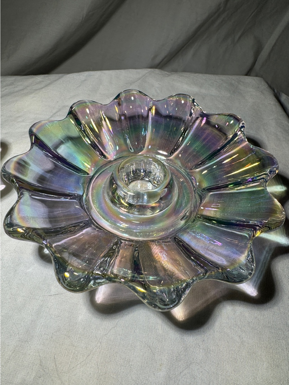 Set of 2 vintage Federal Glass iridescent taper candle holders